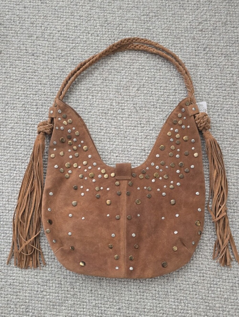 Gorgeous!! Free People Tan Suede Studded Shoulder Bag with Tassels, Never Used - Picture 6 of 11